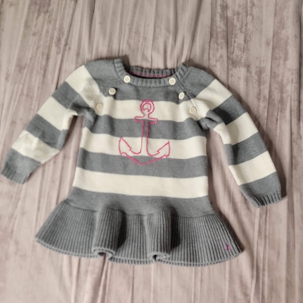 Nautica Kids Sweater with Gray and White Stripes and Pink Anchor